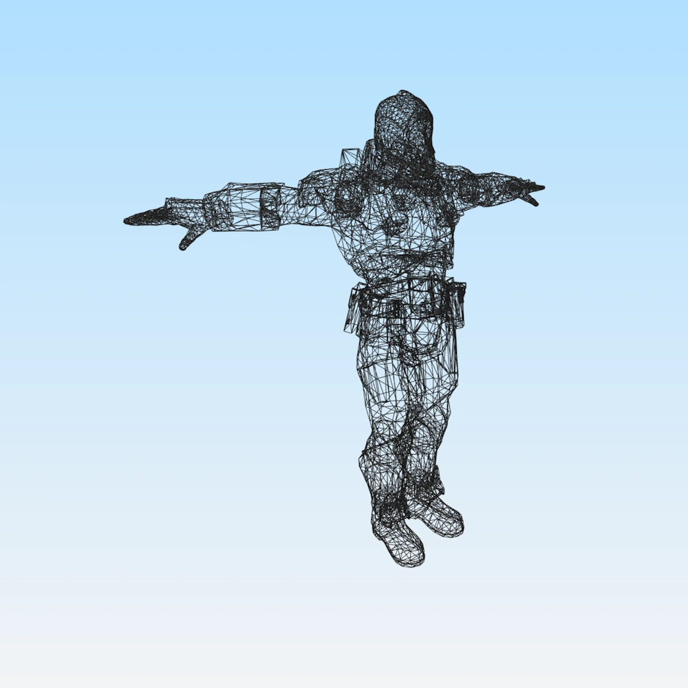 A 3D wireframe model of a soldier